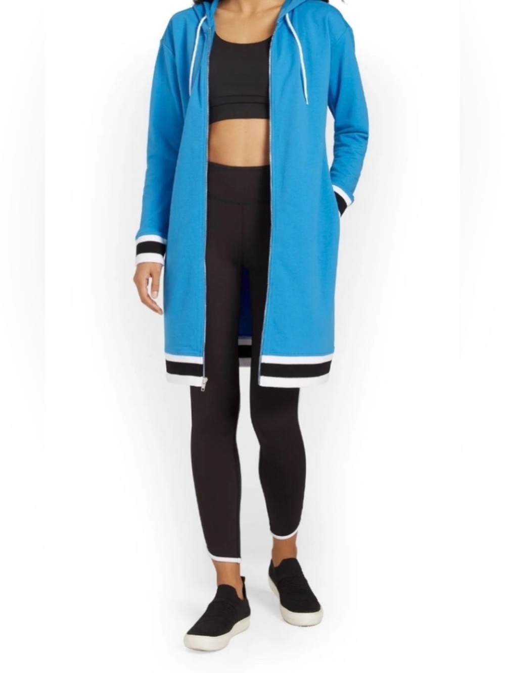 Bright Blue Long Zip Hoodie with Black & White Trim